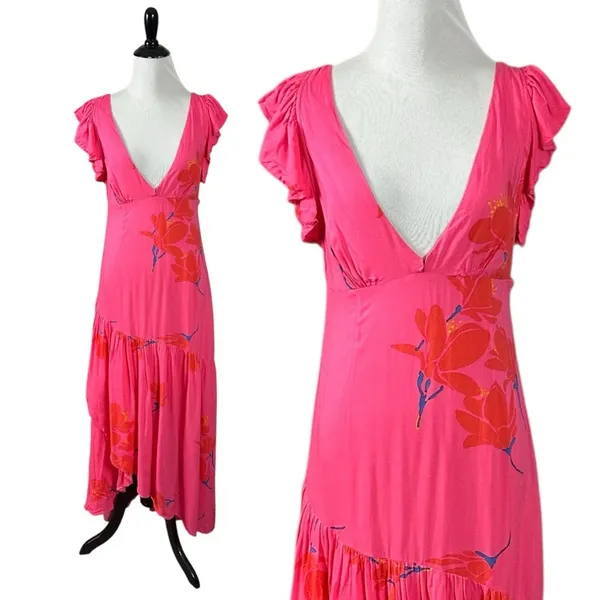 Free People Tropical Hawaiian Hibiscus Hot Pink Floral Maxi Dress Size 8 Summer - Image 8