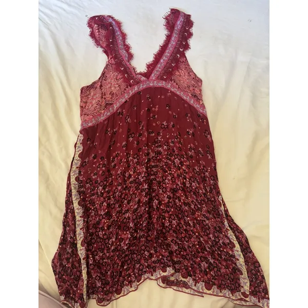 Free People Boho Floral Paisley Midi Dress Burgundy Pink Lace Handkerchief Hem - Image 2