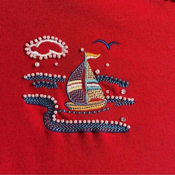 Quacker Factory Red Beaded Embroidered Lighthouse Nautical Themed Top Size Large‎ - Image 3