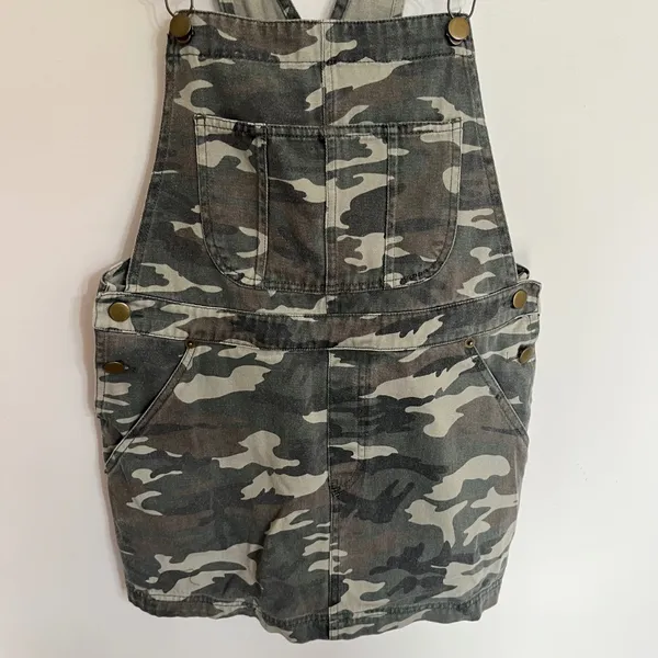 Forever 21 Camo Overall‎ Dress Womens Small Green Camouflage Mini Skirt Pinafore - Image 2