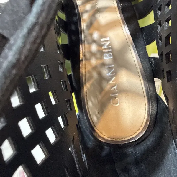 Gianni Bini Pallina Wedge Shoes Womens 7M Black Suede Open Toe 5” Heel In Box - Image 7