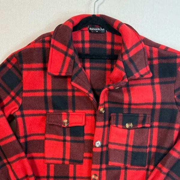 Romantic Hut Stylish Red and Black Plaid Trench Coat - Image 3