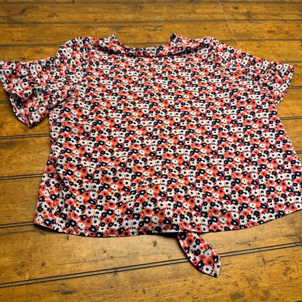 Michael Kors Floral Print V Neck Button Front Tie Waist Blouse Top‎ Women's L - Image 5