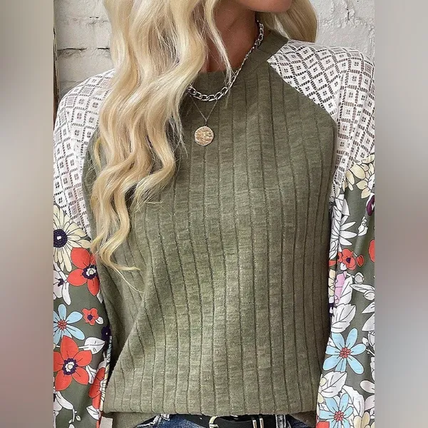 Olive Green Floral Patchwork Blouse Ribbed Lace Balloon Sleeve Whimsigoth XL - Image 3