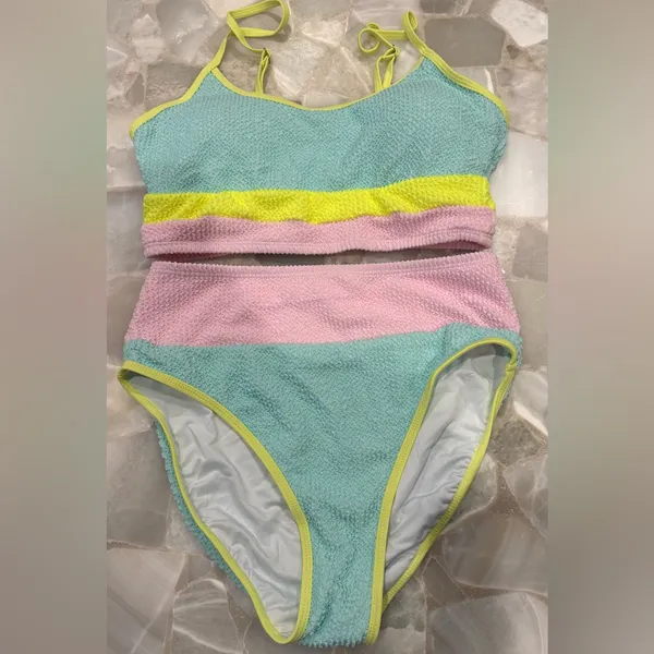 NWOT Women’s Colorblock High-Waist Bikini Set - Pastel Pink, Light Blue & Lime - Image 2