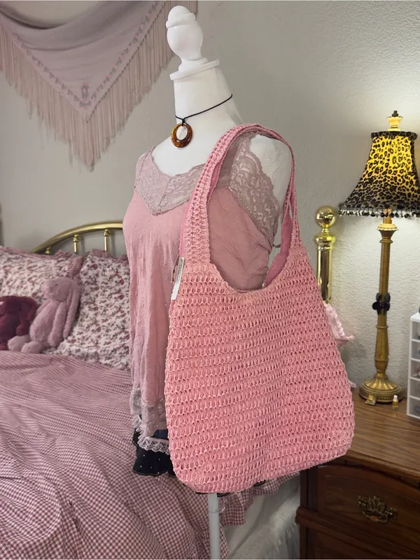Pink Crochet Tote Bag for Women - Image 2
