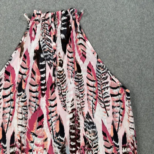 Pants Store Pink Feather Peacock Print Mini Dress Size Medium High Neck Halter - Image 9