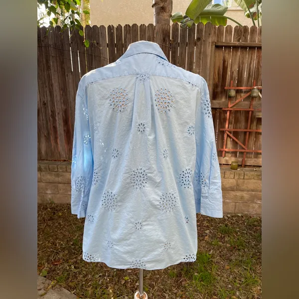 ZARA Blue Button-Up Shirt with Floral Eyelet - Image 4