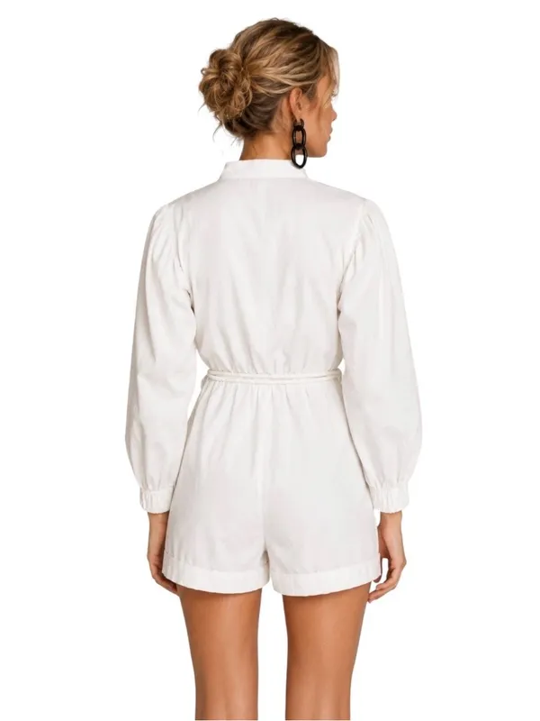 White V-Neck Long Sleeve Romper with Tassel Drawstring XS NWT - Image 2
