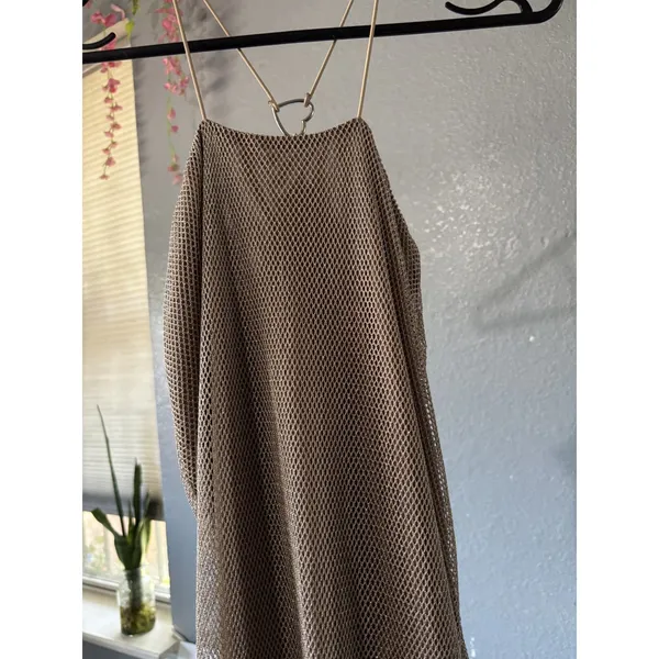 Tiger Mist Bronze Taupe Metallic Mesh Midi Dress Heart Back Y2K Size M - Image 6