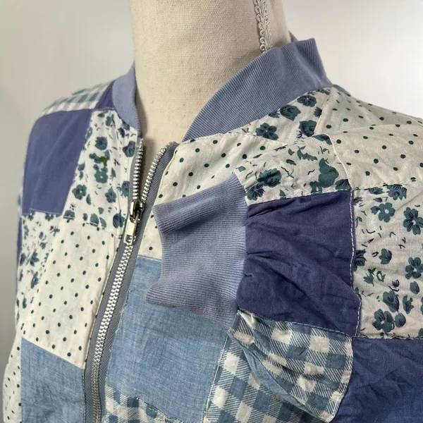 Patchwork Bomber Jacket by Tangibles Blue Cotton Florals Gingham Size M - Image 4