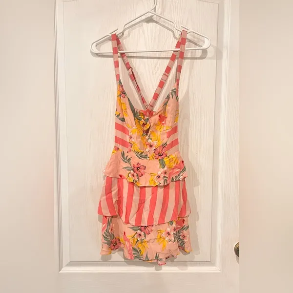 Final Price NWT For Love And Lemons Pink Floral & Stripe Tropical Dress - Image 2