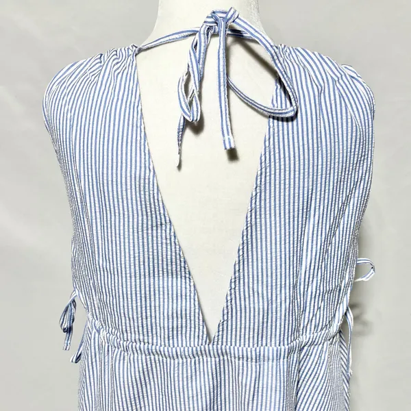 New ASOS Seersucker Plunge V-Neck Tie Waist Mini Sundress Blue White Size 4 - Image 14