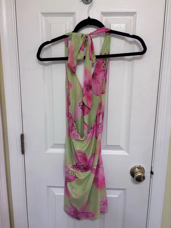 Amazon Pink and green floral halter top mini dress - Image 2