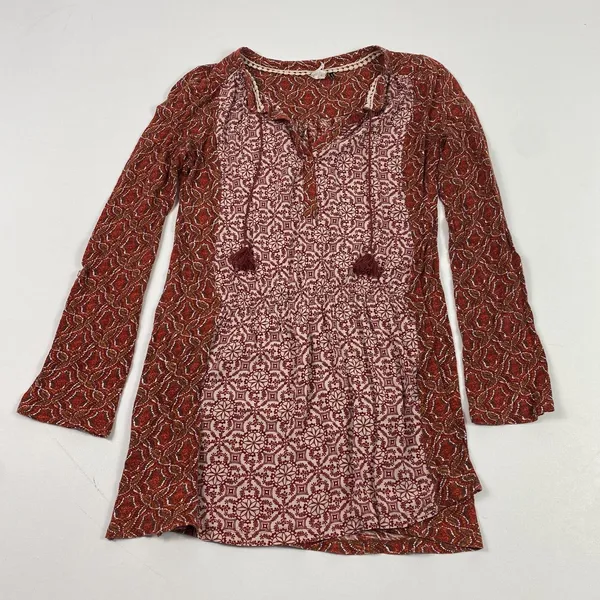 Akemi + Kin Dress Womens Small Red Boho Long Sleeve‎ Tassel Print Peasant Tie - Image 2
