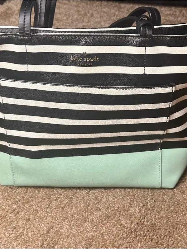 kate spade New York Black & Cream Striped Tote with Mint Base - Image 4