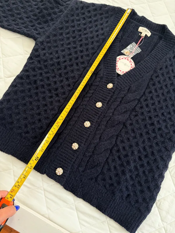 Umgee Navy Cable Knit Cardigan Gold Medallion Buttons Oversized Preppy Boho S - Image 5
