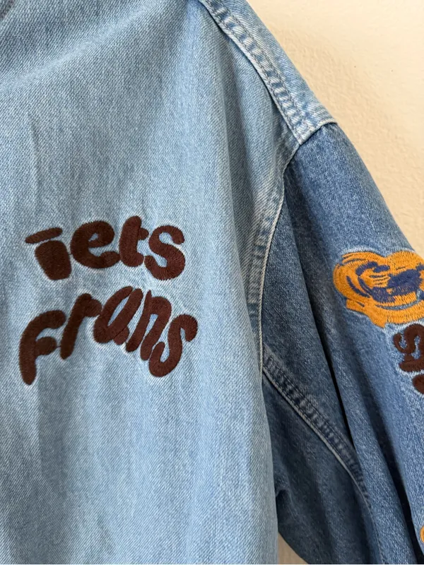 iets frans Blue Denim Embroidered Varsity Jacket Size XS - Image 12