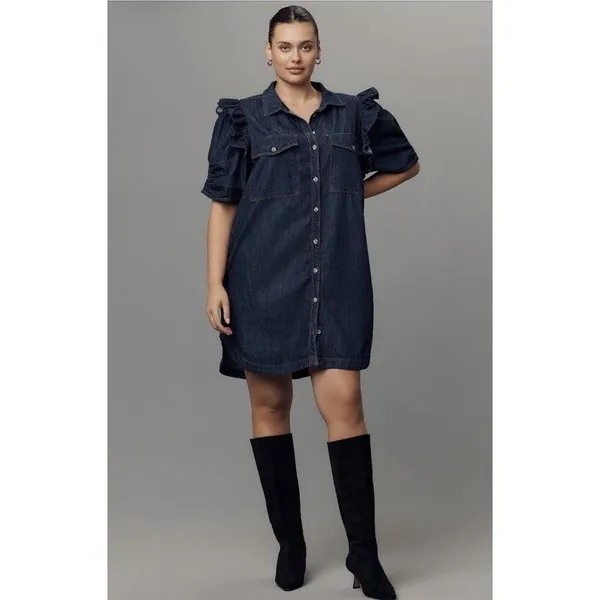 Anthropologie PILCRO RUFFLE-SLEEVE DENIM SHIRT DRESS XXS NEW Preppy Boho Resort - Image 6