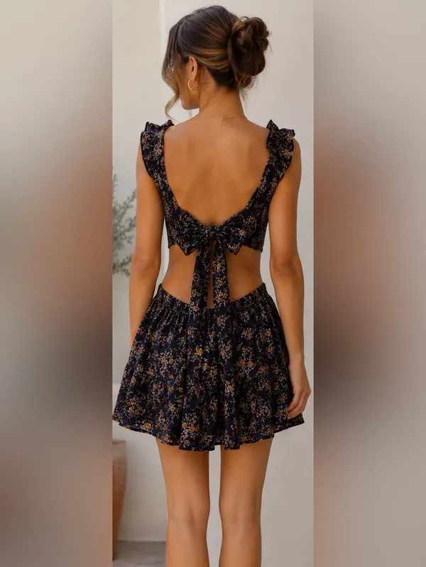 Cupshe Navy Blue Floral Deep V Ruffle Mini Dress Resort - Image 2