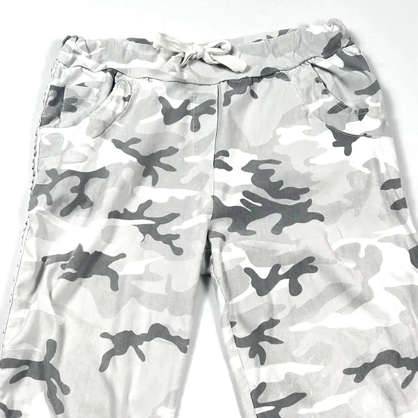 Gigi Moda Joggers Womens Made in Italy Camo‎ Rhinestone Gray White Cotton - Image 4