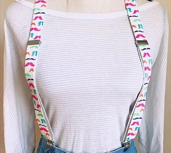 White Suspenders w/ Multicolored Neon Mustache Pattern: Stretchy, Adjustable Multiple - Image 3
