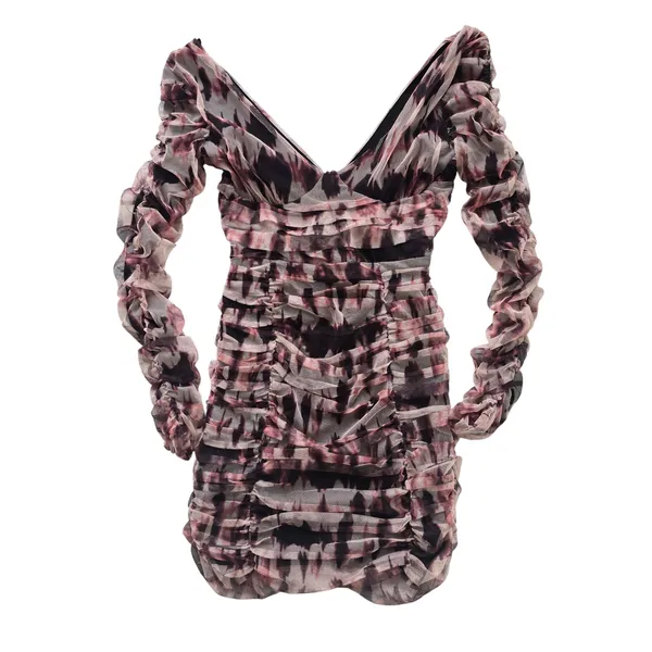 Zara NWT Brown Ruched Tulle Mesh Tie‎ Dye V-Neck Mini Dress Long Sleeve Small - Image 3