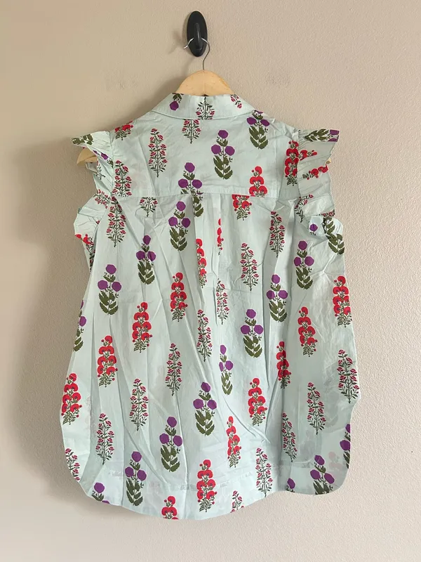 Floral Print Button Front Blouse Ruffle Flutter Sleeve small Multiple - Image 3