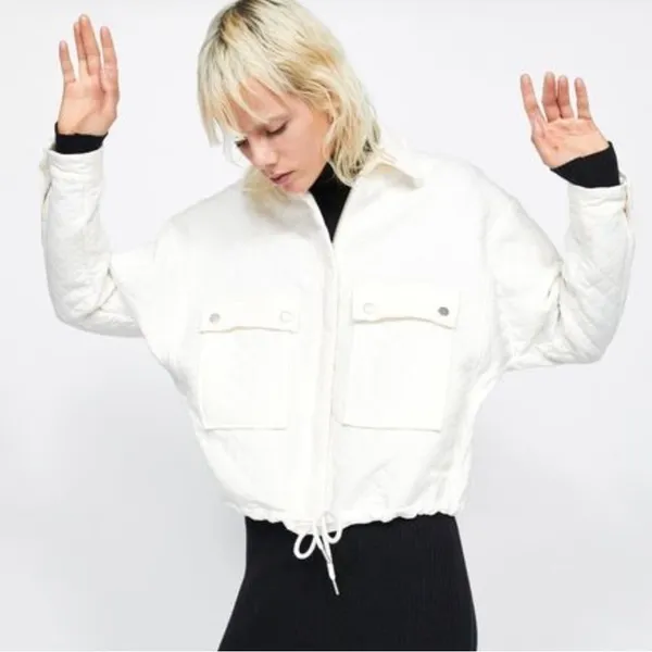 Zara Diamond Full Zip Cropped Drawstring Jacket in‎ Ivory Size Medium - Image 8