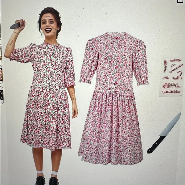 XS women’s pink floral dress costume horror cosplay with classic knife prop - Image 4