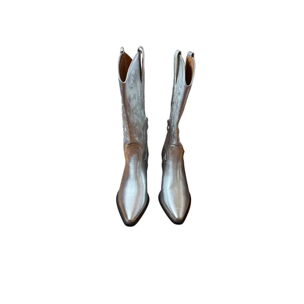 Silver Embroidered Western Cowboy Cowgirl Boots Pointed Toe Heel Women's size 39 - Image 2