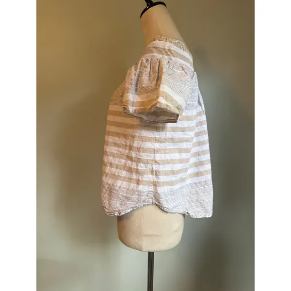 Vineyard Vines Linen Cotton Off Shoulder Top Beige M coastal preppy stripe dai - Image 3