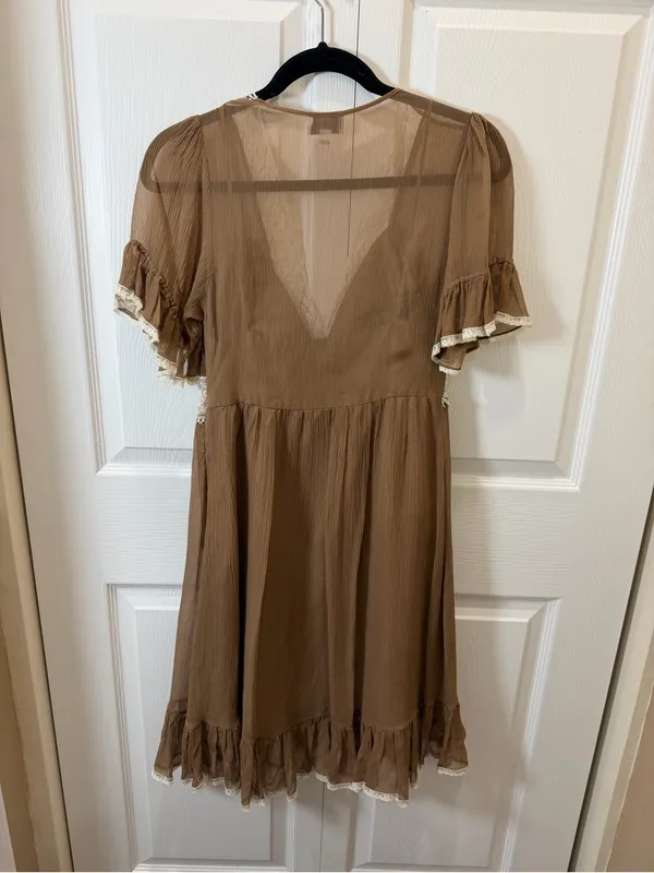 MIGUELINA Boho Lace-Trim V-Neck Mini Dress in Brown Small - Image 3