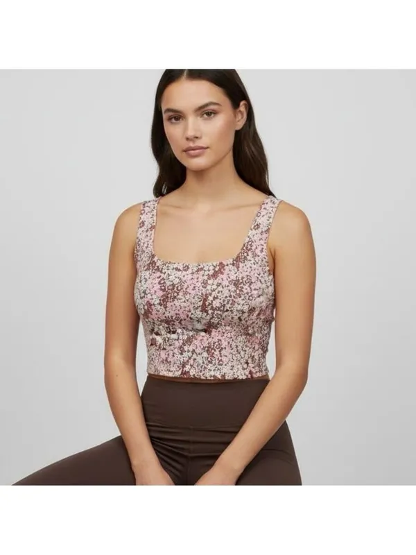 Lou & Grey Athletic Floral Crop Top Tank Large Pink Brown Cottagecore Stretchy - Image 2