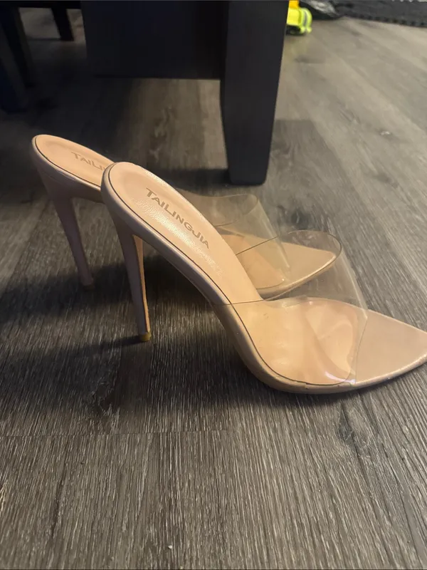 Nude Pointed Clear PVC Mule Heels Tan Size 9 - Image 3