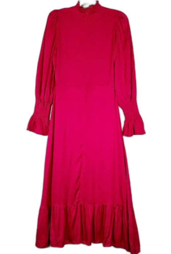 Karlie Solid Smock Neck Midi Dress Size Medium Pink Magenta NEW Satin Thigh Slit - Image 4