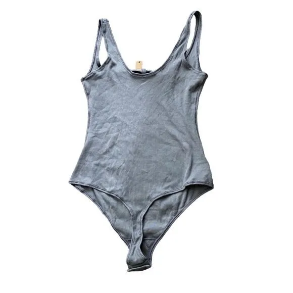 Skims Women's XL Square Neck Cotton‎ Rib Bodysuit Pacific Gray Snap Close New - Image 4