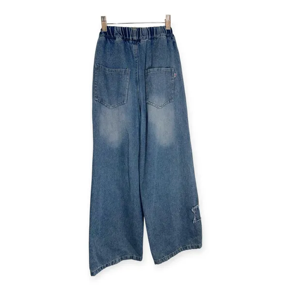 XS Baggy Wide Leg Ripped Denim Retro Elastic Star Patch Casual Streetwear Jeans - Image 3