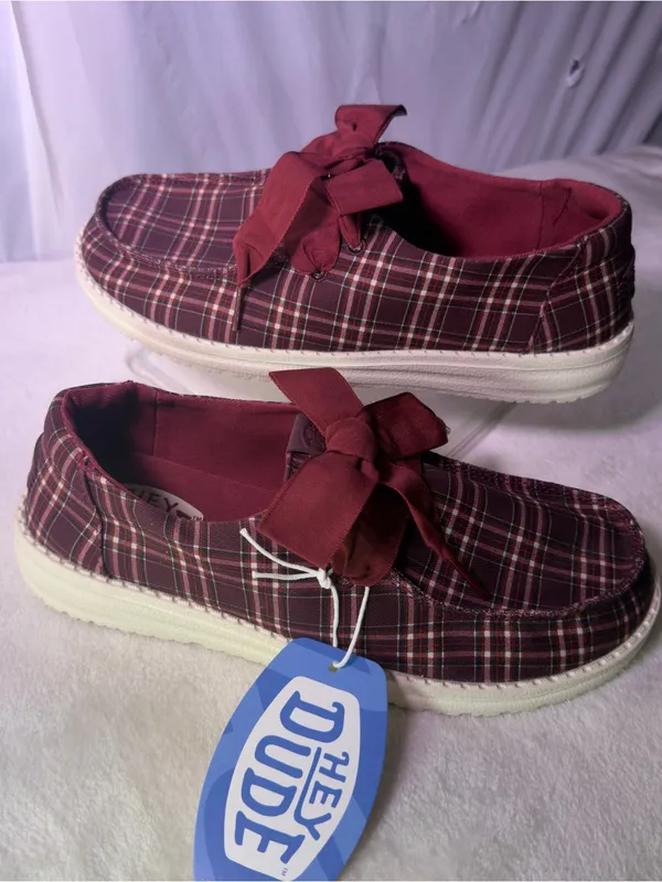 Hey Dude Kids Burgundy Plaid Slip-On Sneakers - Image 3