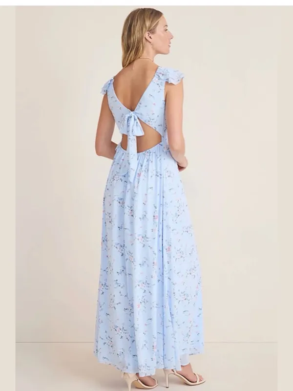 Francesca's Collections Kadence Bow Back Light Blue Floral Ruffle Maxi Dress - Image 2
