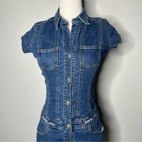 90s Vintage Tommy Hilfiger Short Sleeve Button Front Denim Mini Dress - Image 3