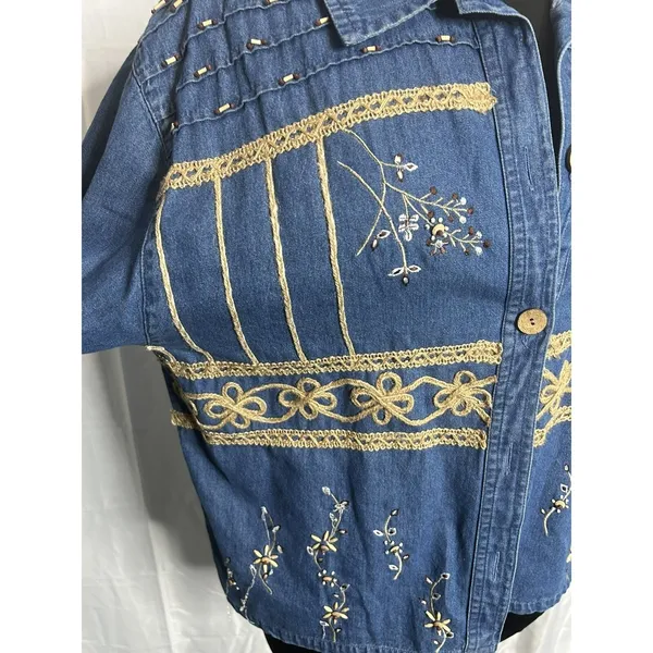 Tantrums Jacket Women XL Blue Good Vintage‎ Embroidered Beaded Denim Retro - Image 2