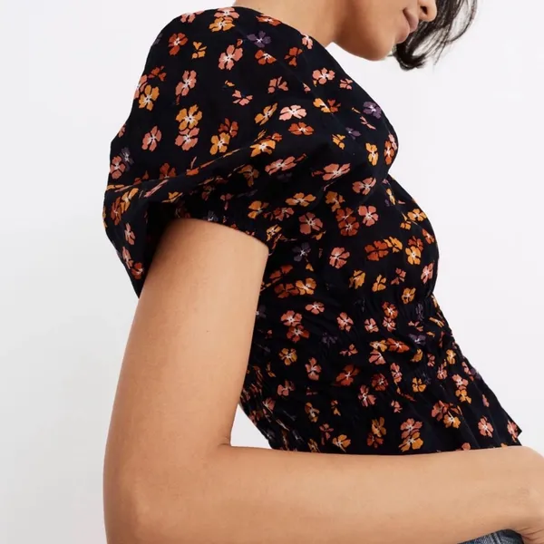 Madewell Puff-Sleeve Square Neck Smocked-Waist in Aloha Floral Crop Top S - Image 3