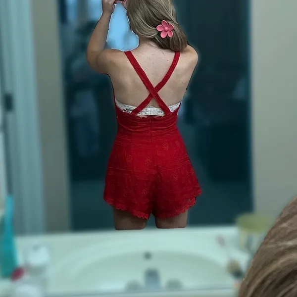 Gently used Red Lace Romper. Size S. - Image 2