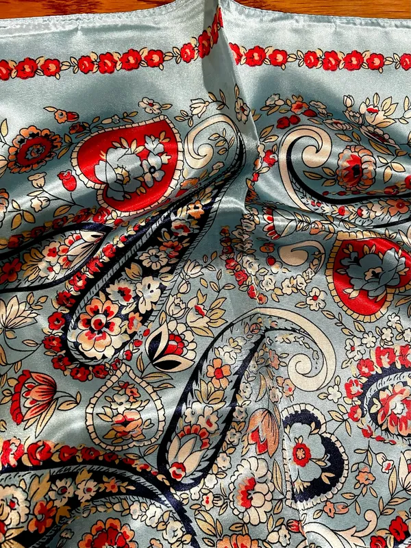 VINTAGE aqua blue paisley super boho print oversized silky scarf 35/35 - Image 7