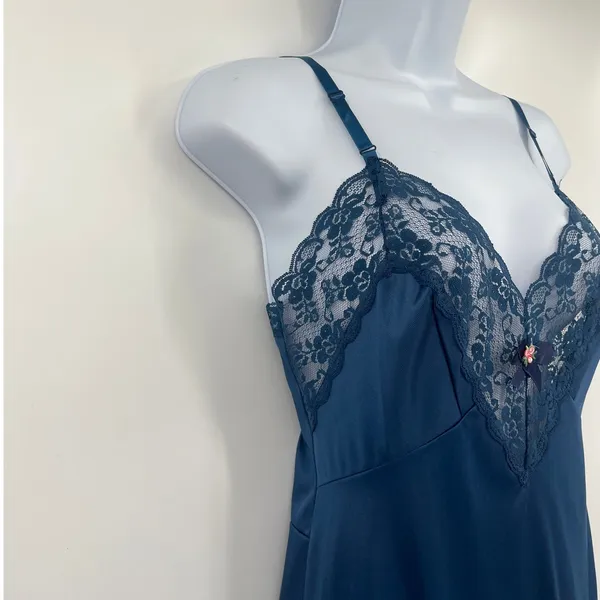 Vtg Val Mode Y2K Slip Dress Sz 32 Coquette Lace Midi Bow 90 Sheer USA Satin Blue - Image 4