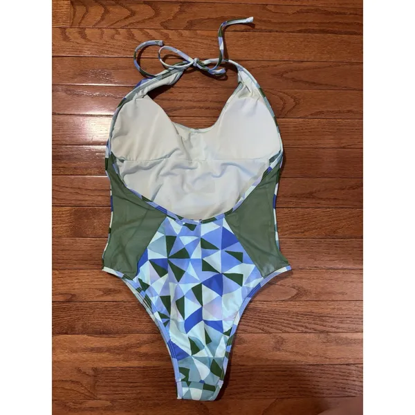 NWOT Aerie Blue Green One Piece Halter Swimsuit Medium - Image 2