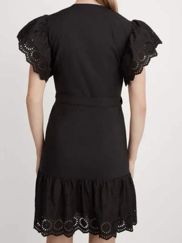 Maette Black Eyelet Cotton Poplin Wrap Mini Dress NWT - Image 12