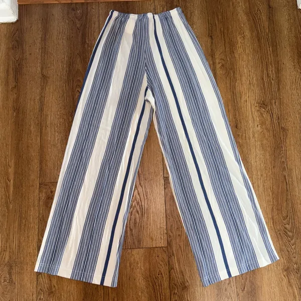 H&M Blue White Striped Wide Leg Pants Womens M Boho casual nautical pull on - Image 8