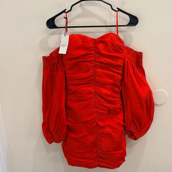 Bardot Marissa Mini Dress Red Ruched Taffeta Off Shoulder Balloon Sleeve XS NEW - Image 2